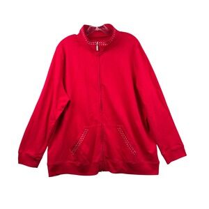Onque Woman Red Rhinestone Embellished Zip Up Mock Neck Jacket Plus Size 1X